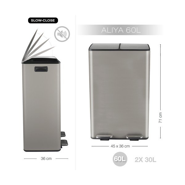 Кафяво-сиво стоманено кошче за боклук 2x30 l за рециклиране с педал   Aliya – Spirella-image-3
