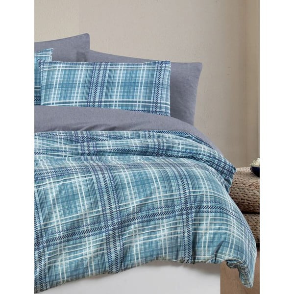 Синьо  двойно удължено спално бельо с включен долен чаршаф 4 части 200x220 cm Ekose – Mila Home-image-3