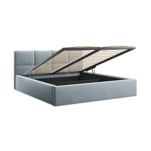 Светлосиньо кадифено двойно легло 140x200 cm тапицирано с място за съхранение и включена подматрачна рамка Hiko – Makamii-image-2