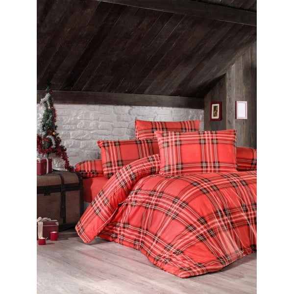 Червено спално бельо с чаршаф за единично легло от памук ранфорс Victoria , 160 x 220 cm Linda - Mijolnir