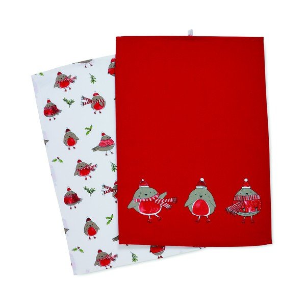 Памучни кърпи в комплект от 2 броя с коледен мотив 50x70 cm Christmas Robins - Catherine Lansfield