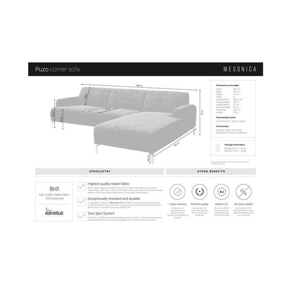 Modrá rohová pohovka s kovovými nohami MESONICA Puzo, levý roh-image-1