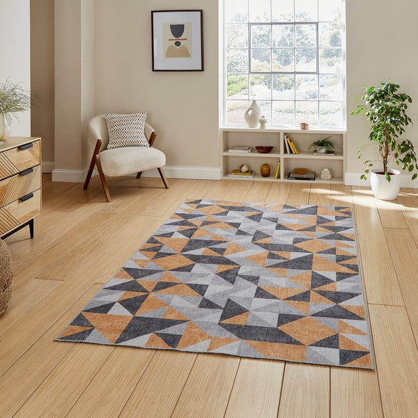 Килим подходящ за пране в цвят жълта охра и сиво 61x120 cm Coral Yellow&Grey – Think Rugs-image-1