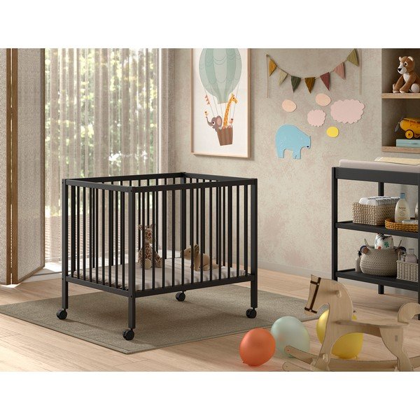 Антрацитна кошара за игра от масивен бук с регулируема височина/на колелца 95x75 cm Dino – Vipack-image-1