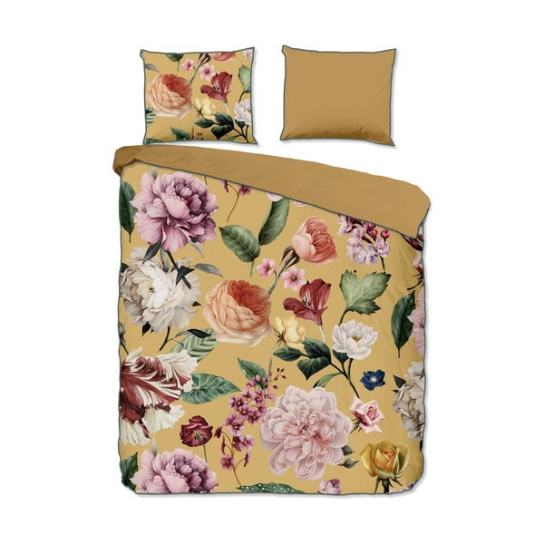 Двойно удължено спално бельо от памучен сатен в цвят жълта охра 240x220 cm Fiori – Descanso