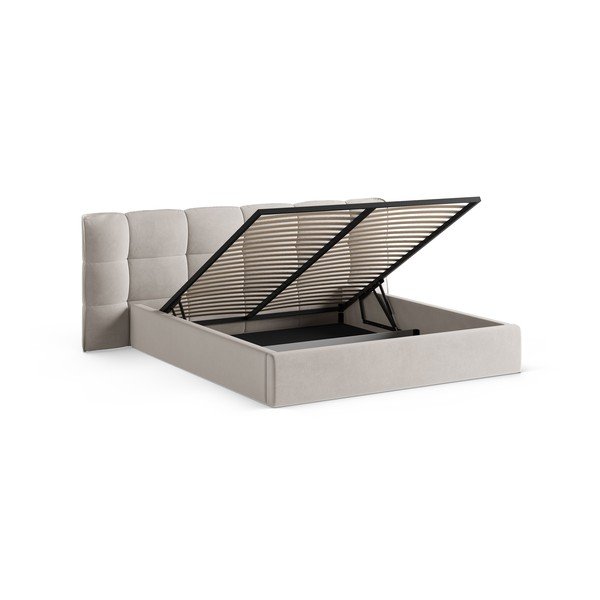 Бежово тапицирано двойно легло с място за съхранение и включена подматрачна рамка 160x200 cm Eric – Micadoni -image-2