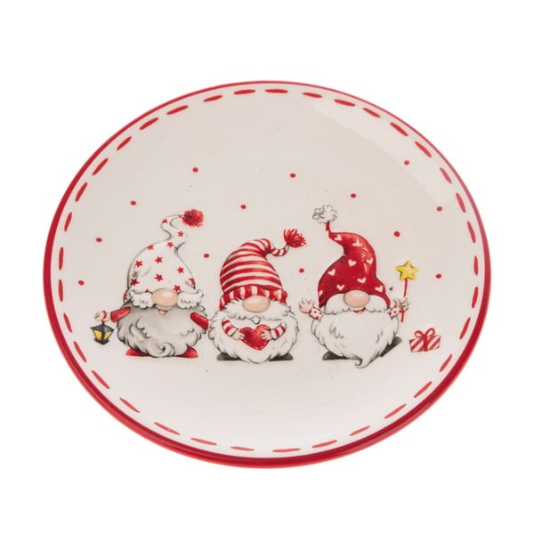 Červeno-bílý keramický talíř s motivem trpaslíků Dakls