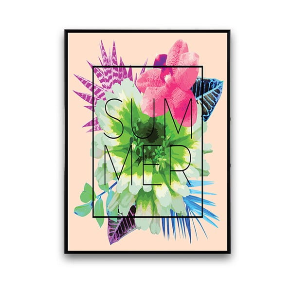 Plakát s květinami Summer, růžové pozadí, 30 x 40 cm