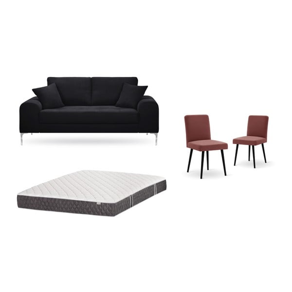 Комплект от двуместен черен диван, 2 тухленочервени стола и матрак 140 x 200 cm - Home Essentials