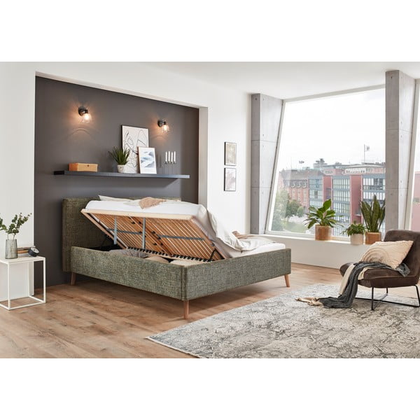 Тъмнозелено двойно легло 160x200 cm тапицирано с място за съхранение с включена подматрачна рамка Riva – Meise Möbel-image-3