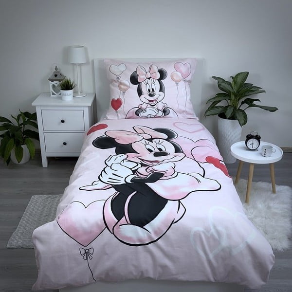 Розово единично  памучно детско спално бельо 140x200 cm Minnie "Balloon" – Jerry Fabrics-image-1