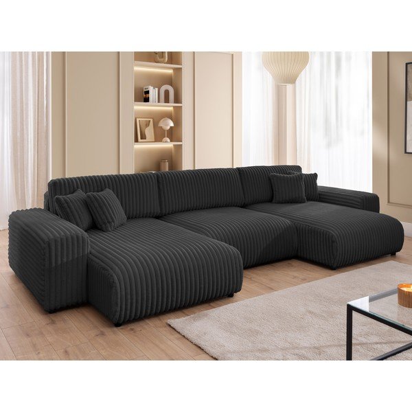 Тъмносив  разтегателен ъглов диван с място за съхранение от рипсено кадифе (U форма) Sarina – Ropez-image-4