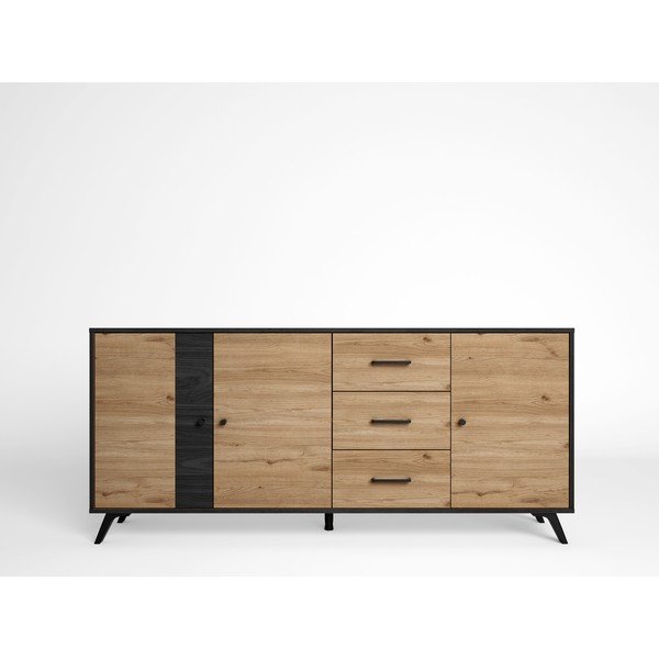 Черен/естествен нисък скрин от дъб 181x81 cm Bocami - Marckeric-image-1