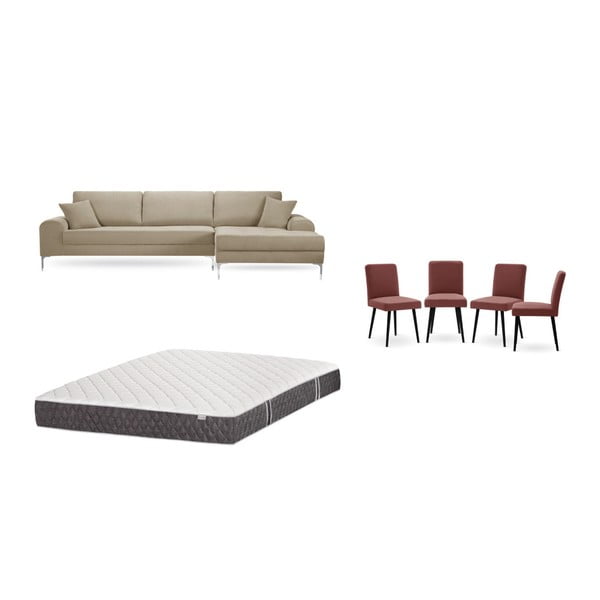Комплект от сив и бежов диван с мързелив диван отдясно, 4 тухленочервени стола и матрак 160 x 200 cm - Home Essentials