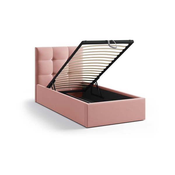 Розово единично легло 90x200 cm тапицирано с място за съхранение с включена подматрачна рамка Phaedra – Micadoni -image-1