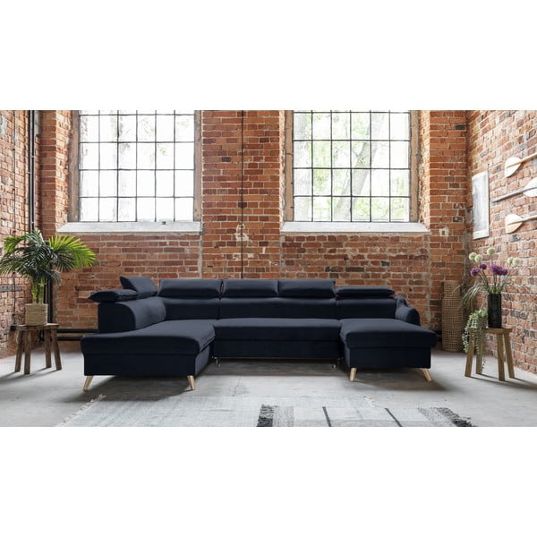 Тъмносин кадифен U-образен ъглов диван (ляв ъгъл) Sweet Harmony - Miuform-image-1