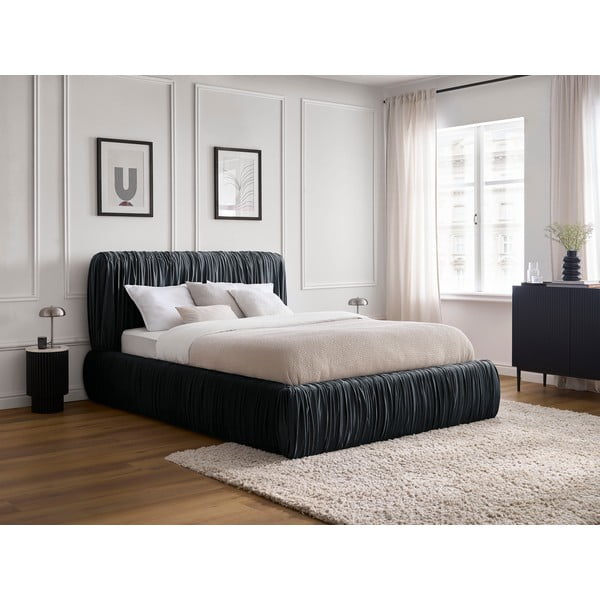 Светлосиньо тапицирано двойно легло с място за съхранение с включена подматрачна рамка 180x200 cm Blair – Bobochic Paris-image-1