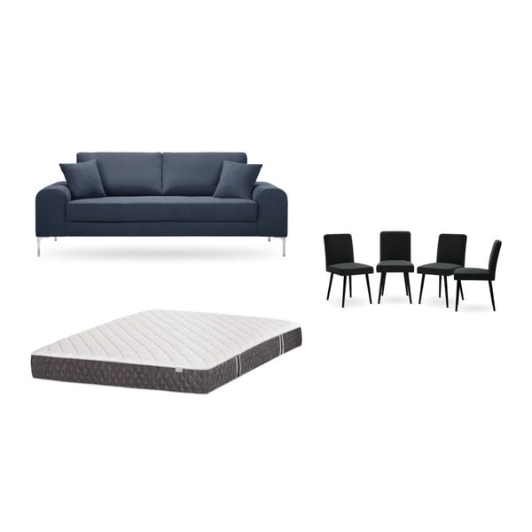Комплект от триместен тъмносин диван, 4 черни стола и матрак 160 x 200 cm - Home Essentials