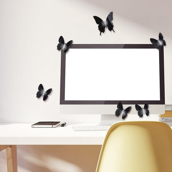 Комплект от 12 черни самозалепващи се 3D стикери за стена Пеперуди - Ambiance