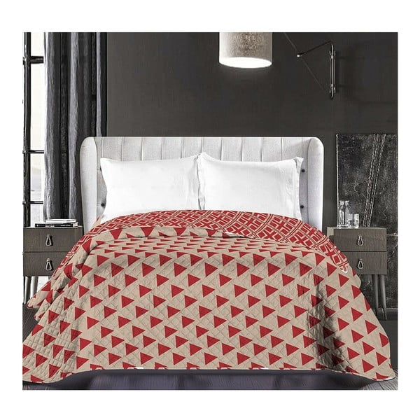 Бежово-червена двустранна покривка за легло от микрофибър "Триъгълници", 220 x 240 cm - DecoKing