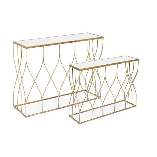 Конзолни маси в комплект 2 бр. със стъклен плот  в златист цвят 33x104 cm Elenor – Bizzotto-image-2