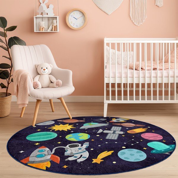 Тъмносиньо детско килимче за игра подходящо за пране ø120 cm Into The Space – Mila Home-image-3