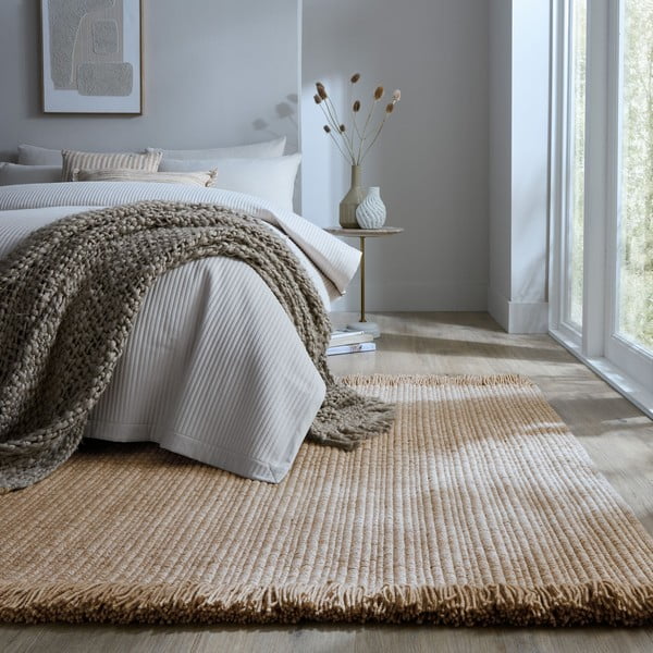 Бежов ръчно изработен килим със смес от вълна 120x170 cm Rene Fringed Ribbed – Flair Rugs-image-1
