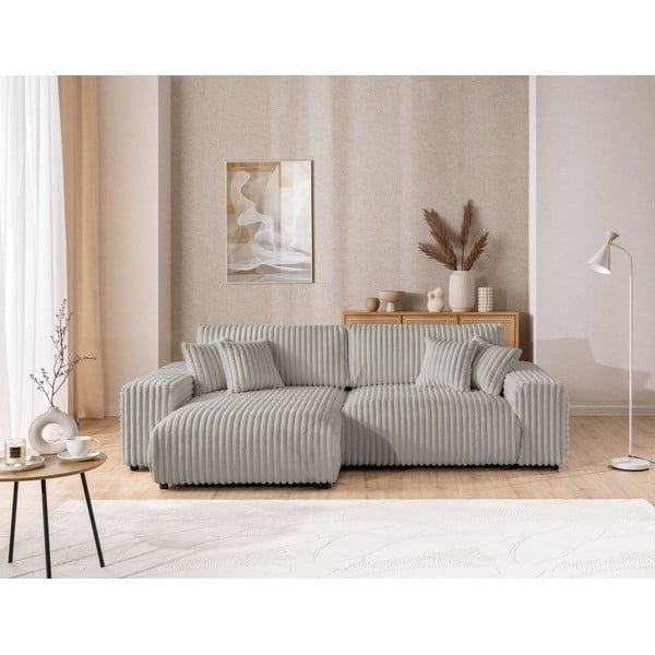 Светлосив разтегателен ъглов диван от рипсено кадифе с място за съхранение (ляв ъгъл) Sarina – Ropez-image-1