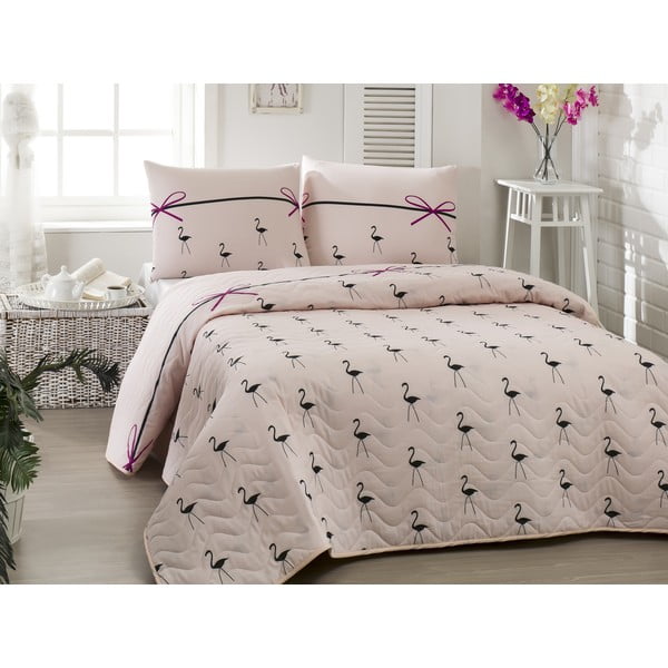 Розова ватирана олекотена покривка за двойно легло с калъфки за възглавници Powder, 200 x 220 cm Flamingo - Mijolnir