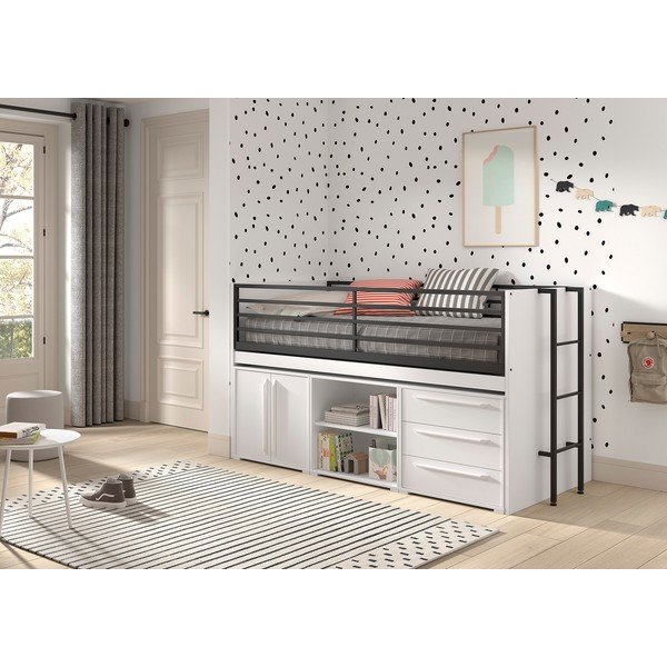 Бяло повдигнато детско легло с място за съхранение и включена подматрачна рамка 90x200 cm Sam – Vipack-image-1