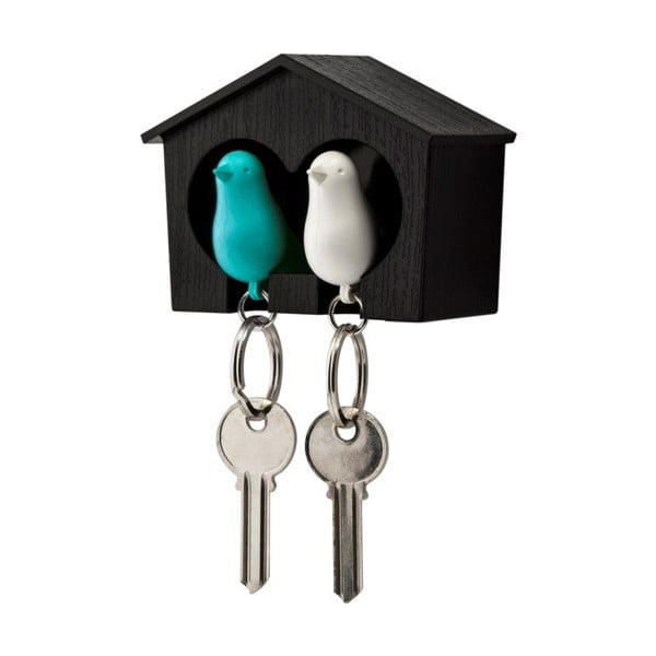 Hnědý věšáček na klíče s bílou a modrou klíčenkou Qualy Duo Sparrow