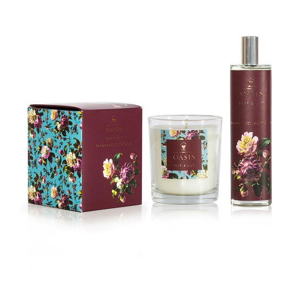 Комплект от ароматна свещ и интериорен ароматизатор с аромат на круша и лилия Oasis Renaissance - Bahoma London