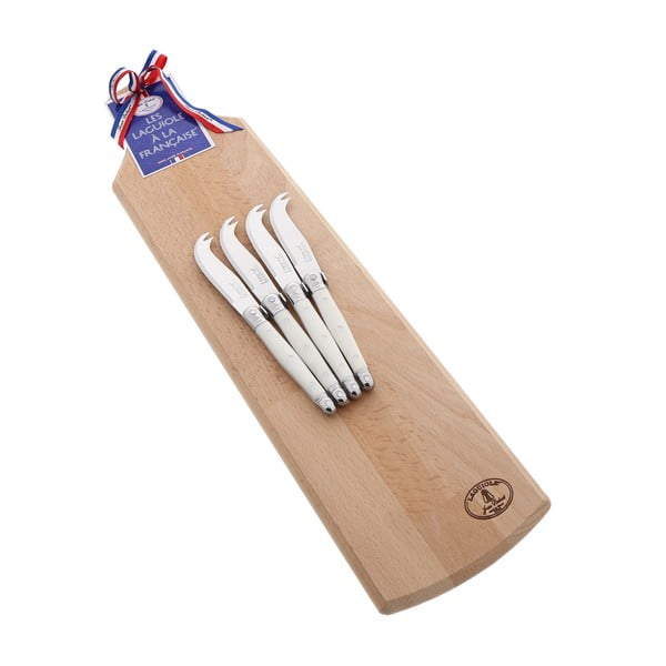 Комплект от 4 бели ножа за сервиране на сирене с дървена дъска за рязане - Jean Dubost