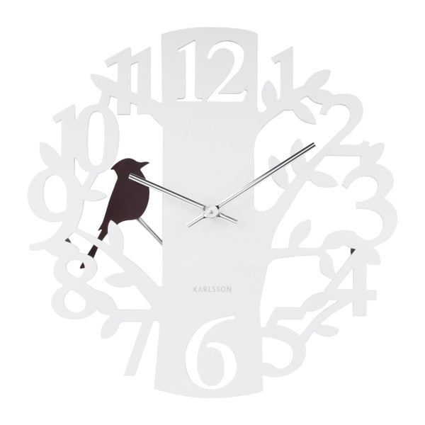 Bílé nástěnné hodiny Karlsson Woodpecker, ⌀ 40 cm