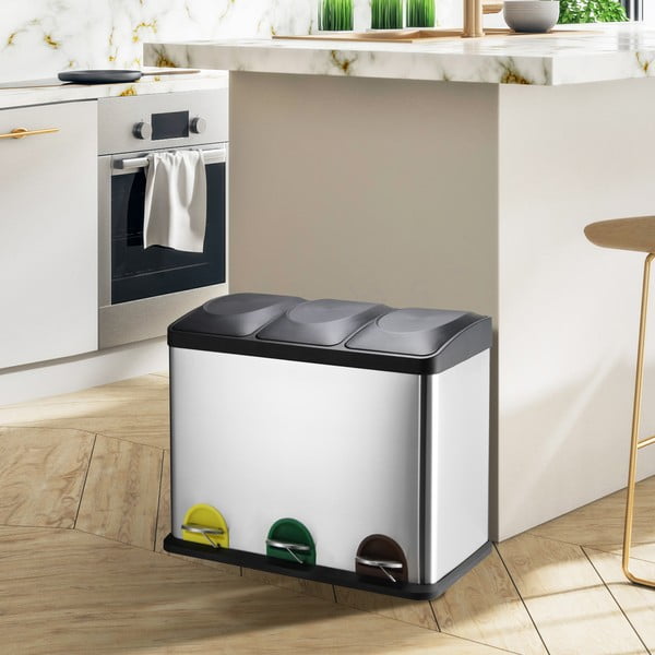 Стоманено кошче за боклук за рециклиране с педал в матово сребрист цвят 3x20 l Tri Selectif – MSV-image-1