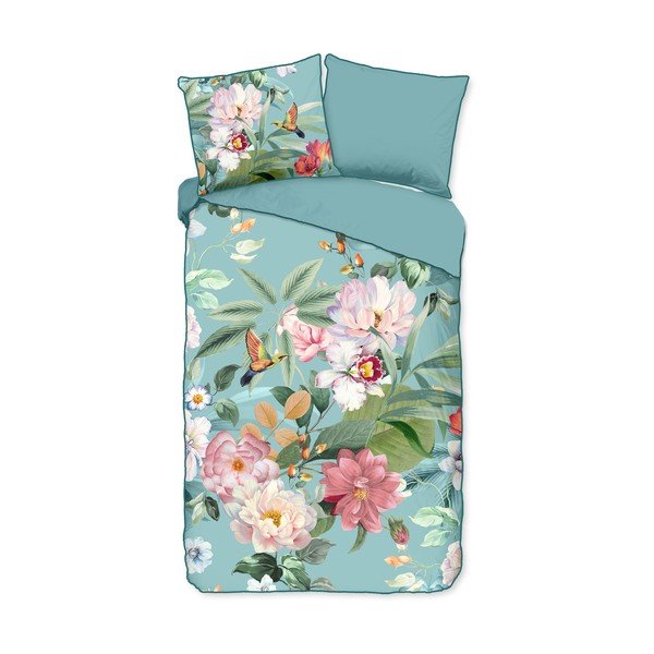 Синьо  единично удължено спално бельо от памучен сатен 140x220 cm Fungi – Descanso