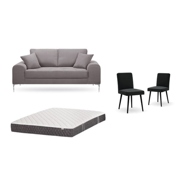Комплект от двуместен кафяв диван, 2 черни стола и матрак 140 x 200 cm - Home Essentials