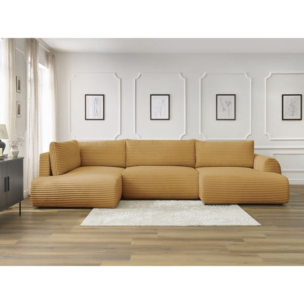 Сгъваем/с място за съхранение ъглов диван от рипсено кадифе в цвят горчица (ляв ъгъл/U форма) Lucien – Bobochic Paris-image-1