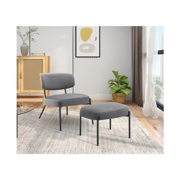 Сив кадифен фотьойл с табуретка Jerry – Støraa-image-2