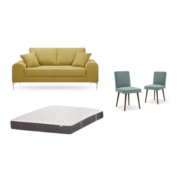 Комплект от двуместен жълт диван, 2 сиво-зелени стола и матрак 140 x 200 cm - Home Essentials