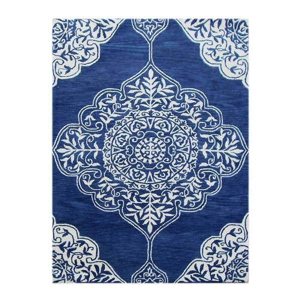 Ručně tuftovaný modrý koberec Kirman, 153x144 cm