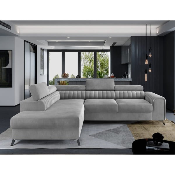 Сив кадифен разтегателен ъглов диван с място за съхранение (ляв ъгъл L форма) Laurence – ELTAP-image-1
