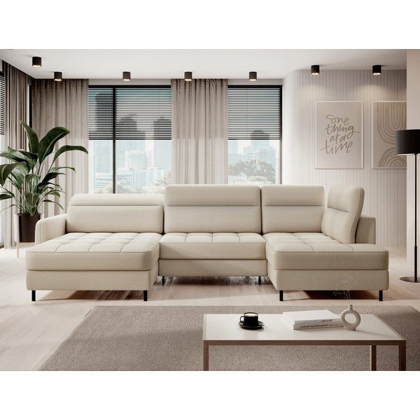 Бежов кадифен разтегателен ъглов диван с място за съхранение (десен ъгъл U форма) Berrto – ELTAP-image-1