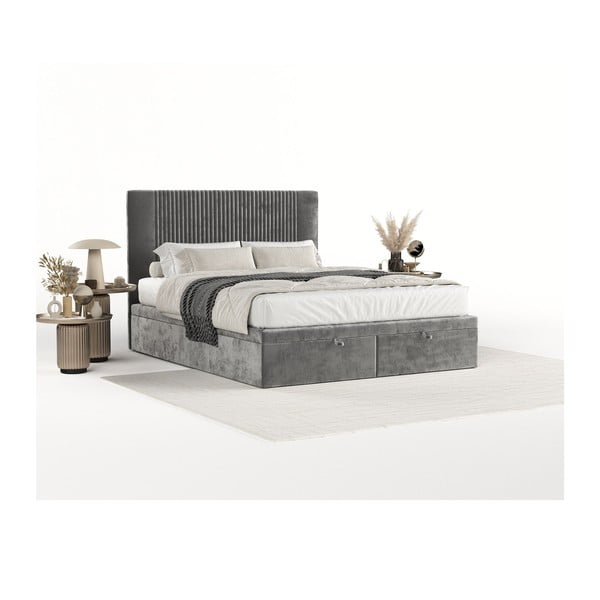 Сиво тапицирано двойно легло с място за съхранение 160x200 cm Mavel – Maison de Rêve-image-1