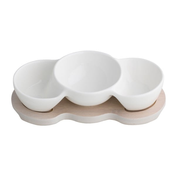 Бяла порцеланова купа за тройно сервиране върху бамбукова табла Mini - Brandani