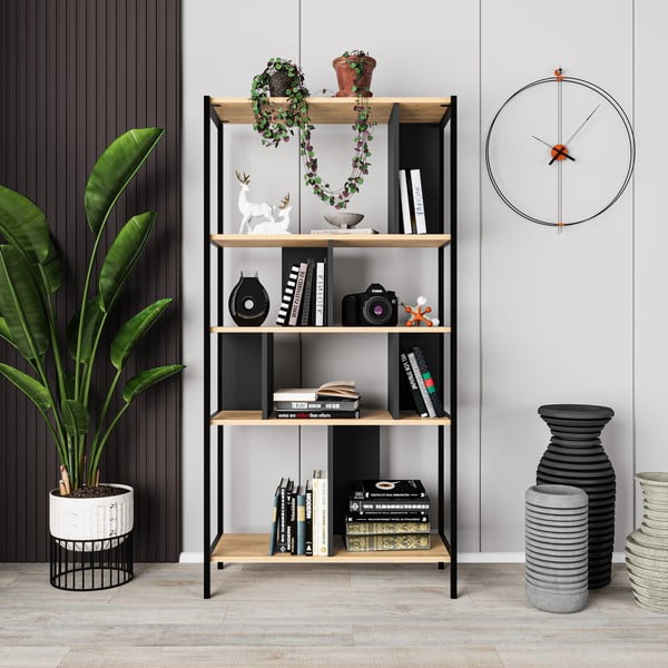 Етажерка за книги в дъбов декор в черно и натурално 88x175 cm Alabama - Marckeric-image-4