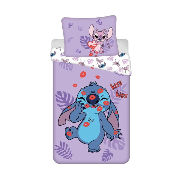 Лилаво единично  памучно детско спално бельо 140x200 cm Lilo and Stitch "Kiss" – Jerry Fabrics
