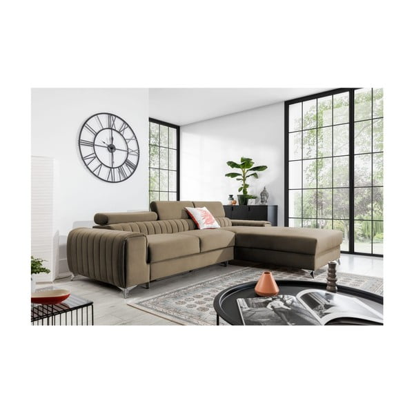 Светлокафяв кадифен разтегателен ъглов диван с място за съхранение (десен ъгъл) Grayson – ELTAP-image-1