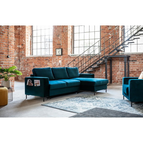 Кадифен разтегателен ъглов диван петролен (десен ъгъл) Lofty Lilly – Miuform-image-3