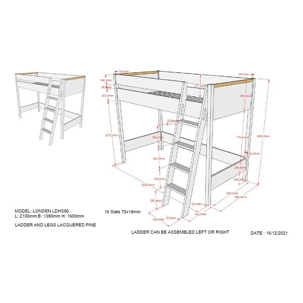 Бяло повдигнато детско легло 90x200 cm Londen - Vipack-image-3